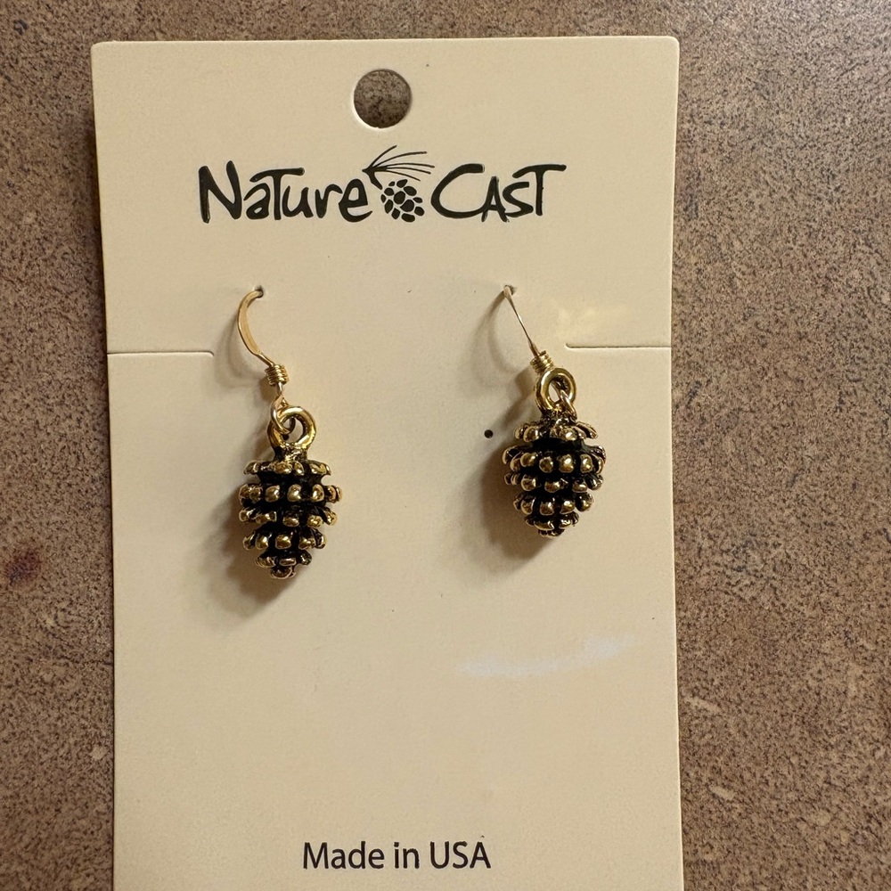 Nature Cast dangle pine cone cast gold and black earrings